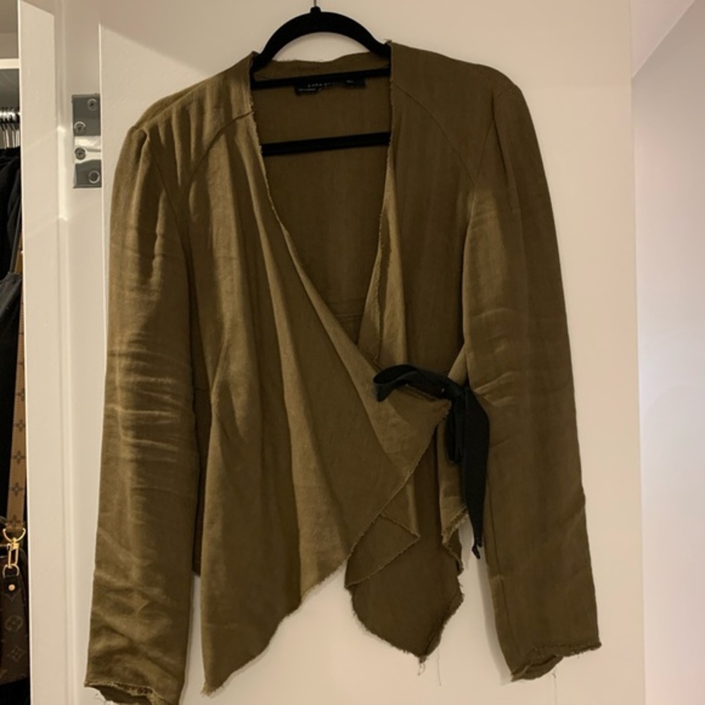 Zara Asymmetrical Army Green Linen Jacket - M